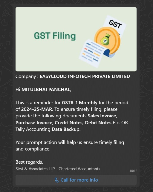 EasyCloudBooks sends template based messages